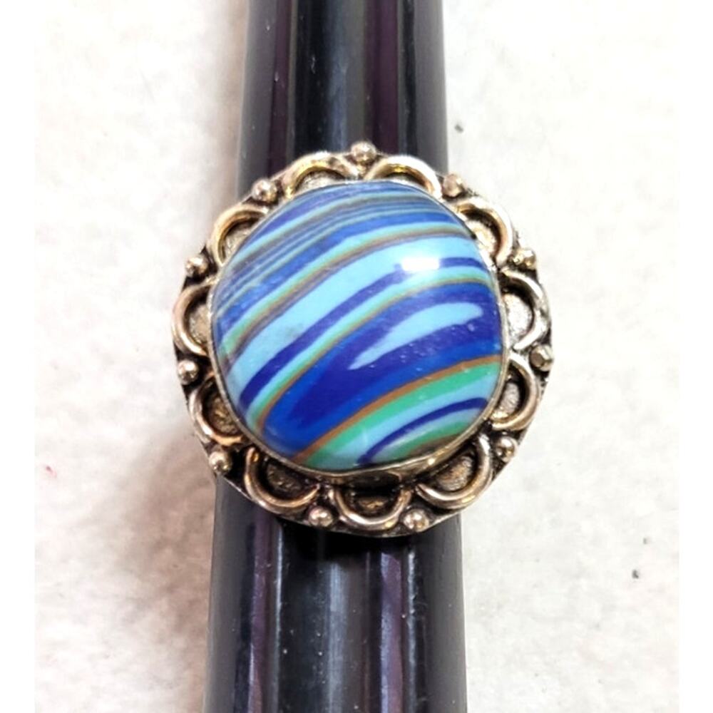 Vtg Silver Tone Striped Glass? Inlay Statement Ring Artisan Boho Size 7.5 READ